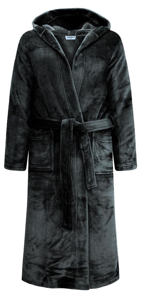 GAUBERT Uni fleece badjas met capuchon, extra lang, zwart, Productafbeelding 