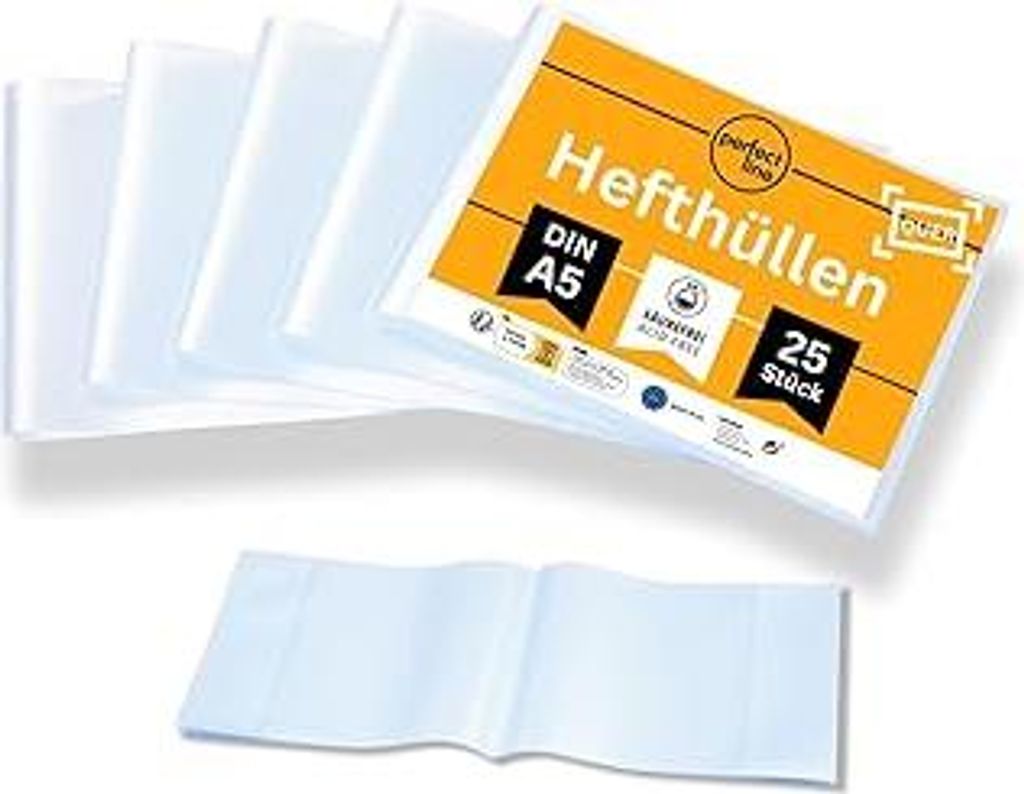 perfect line 25 Heft-Hüllen QUERFORMAT DIN-A5, Heftumschlag transparent & genarbt, Heftschoner aus recyclebarem Polypropylen (PP), EU