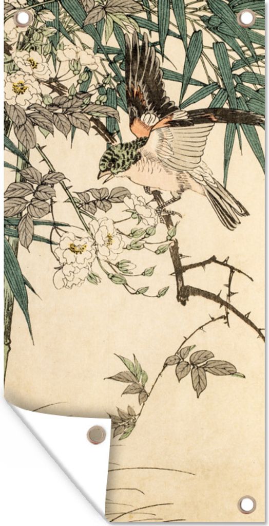 MuchoWow 80x160 cm Outdoor-Poster Gartendeko Sichtschutz Garten Poster für den Garten Roter Vogel im Bambus