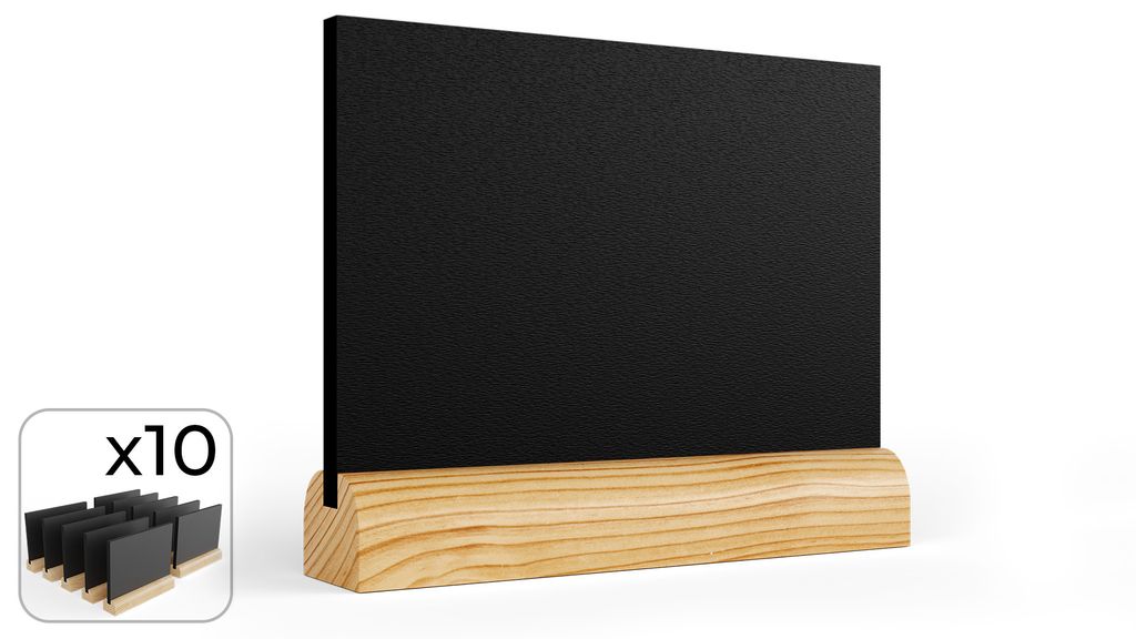 A set of mini chalkboards with wooden stands, with a small inset showing a stack of ten chalkboards.