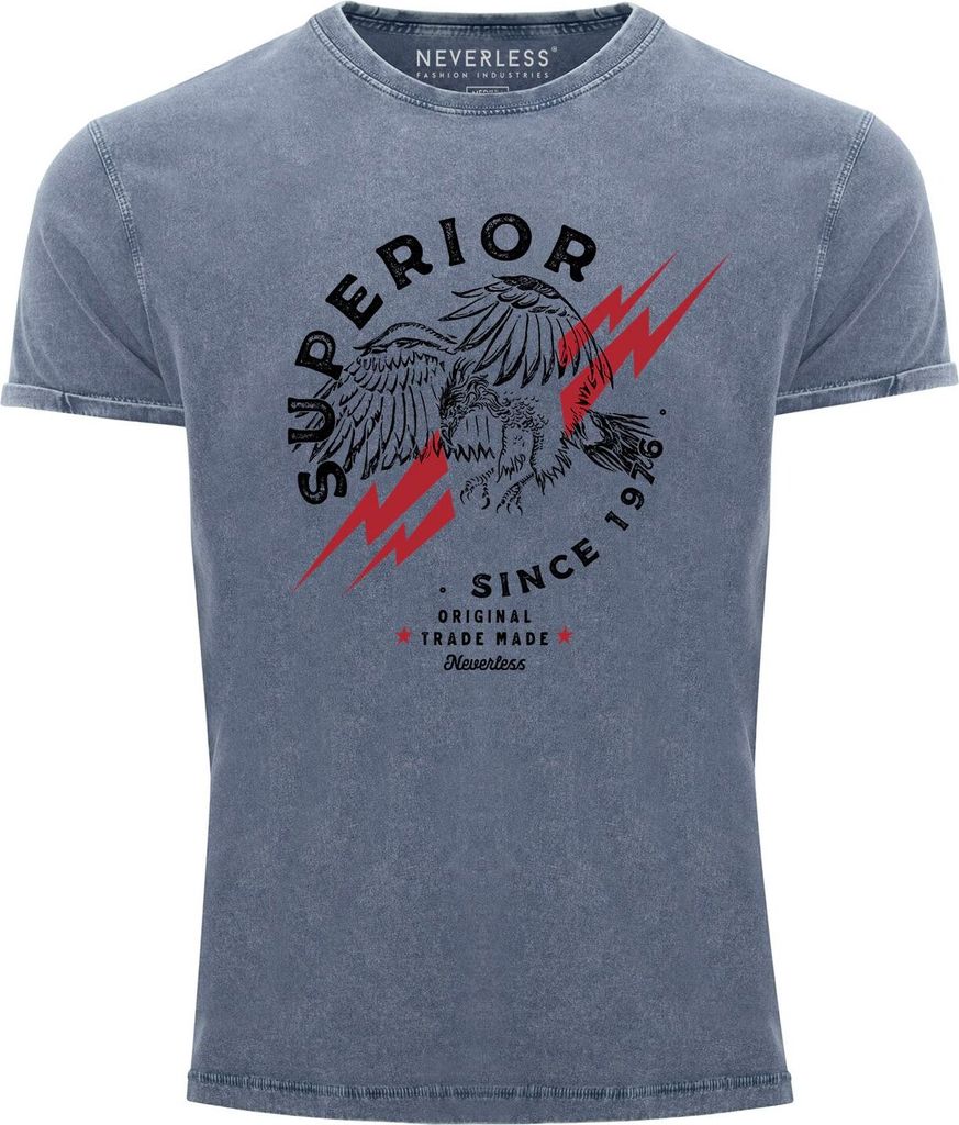Neverless Herren T-Shirt Vintage Shirt Printshirt Superior Eagle Since 1976 Aufdruck Adler Print Used Look Slim Fit blau M
