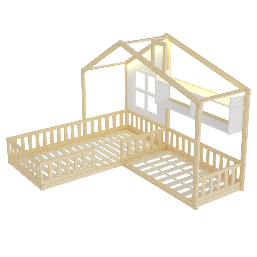 Lit Cabane Enfant 90x200 en Bois Naturel avec Barrières et Rangement