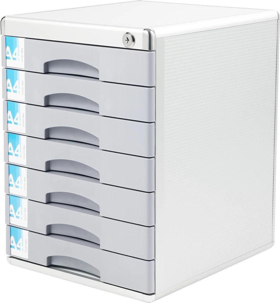 Schubladenbox mit 7 Schubladen - Ablage für Dokumente - Abschließbar - Freistehend - Kunststoff - Maße 30×35,6×40,6 cm - Hellgrau