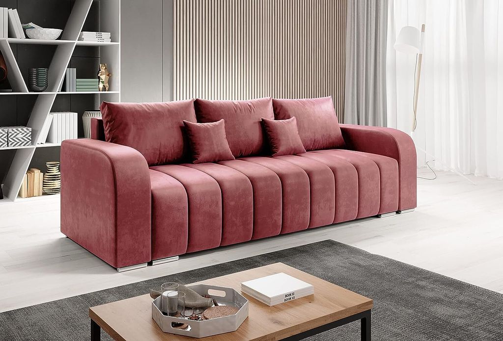 Easy4You Schlafsofa Pufetto - 245 cm - Velour Rosa - 3 Sitzer Sofa - Bettzeugbehälter - Couch mit Schlaffunktion - Stoff: MANILA 29