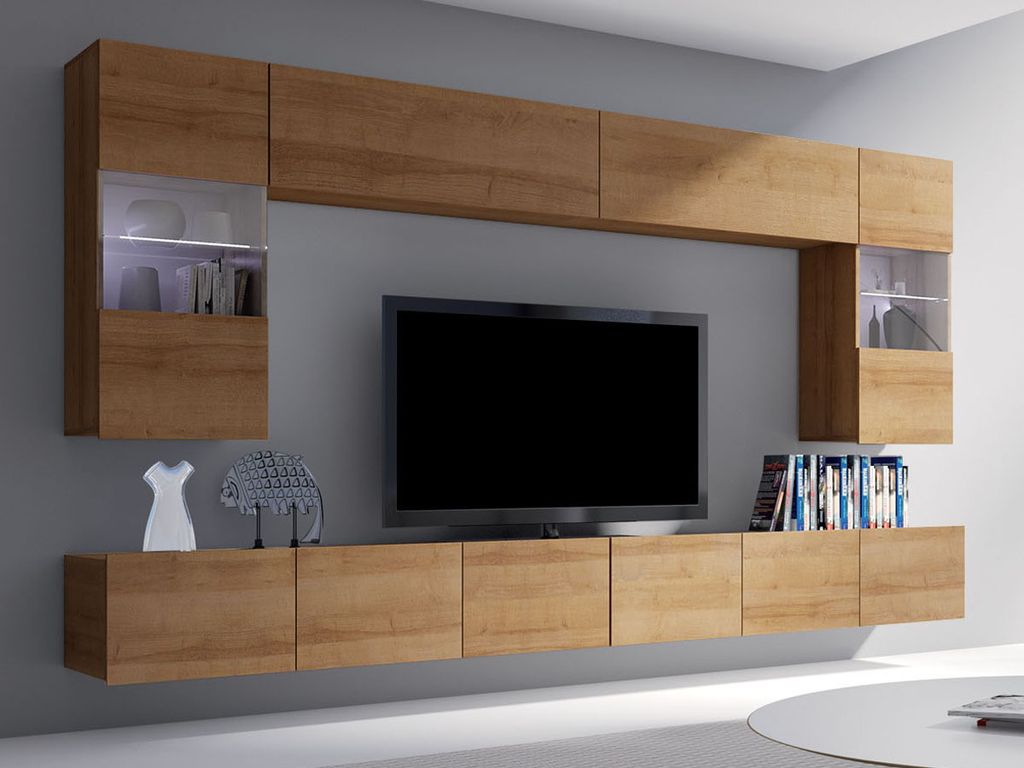 Moderne Wohnwand CALABRINI-1 Wohnzimmer-Set Hängewohnwand Schrankwand mit LED-Beleuchtung Hochglanz TV-Schrank Anbauwand (Goldene Eiche)
