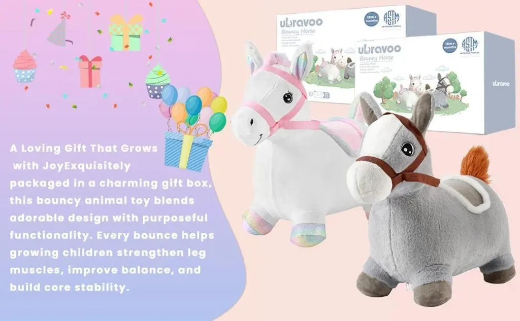 Cheval à bascule gris en peluche douce - Structure gonflable robuste