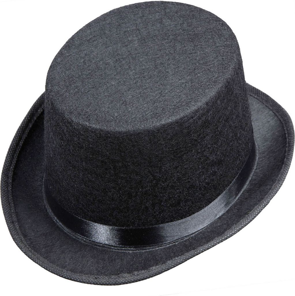 A black felt top hat for children is shown from a slightly elevated angle against a white background.