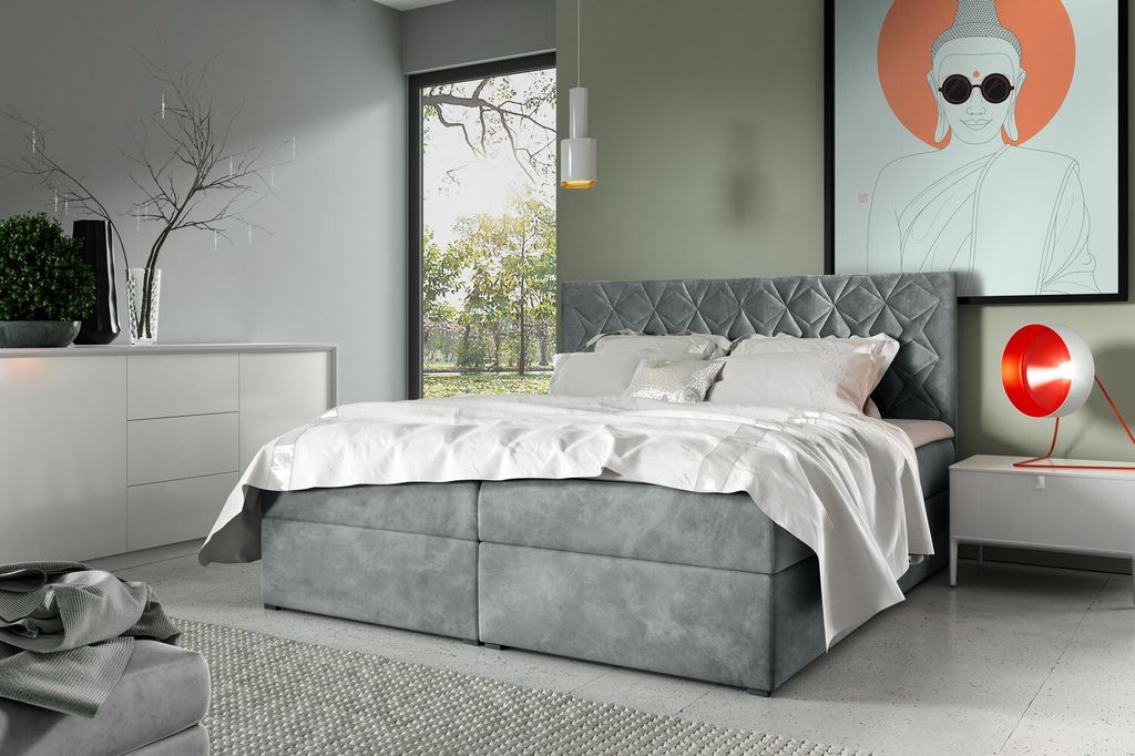 Boxspring Bett mit gestepptem Kopfteil EUGENA – 200x200, grau + ER Topper