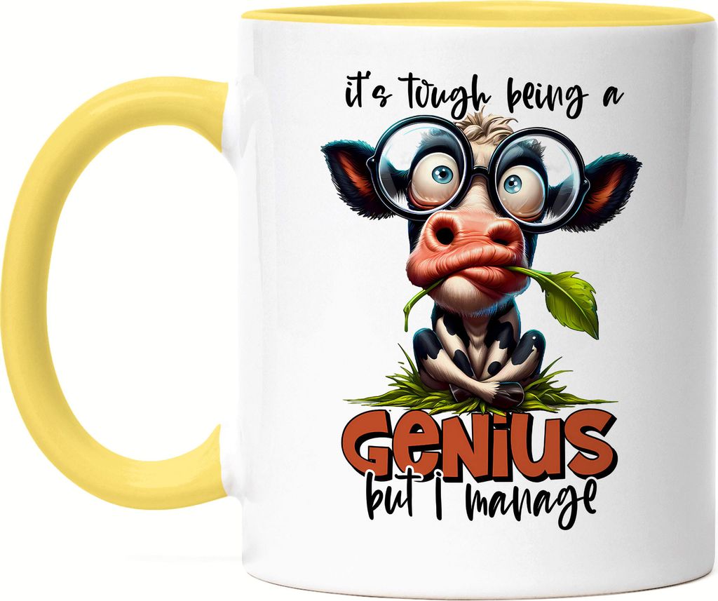 It's Tough Being A Genius Tasse Gelb Lustige Kuh Spruch Humor Intelligenz Witzig Geschenkidee