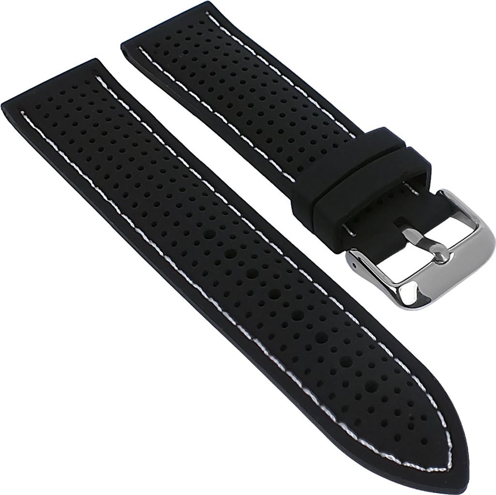 Minott > Uhrenarmband Silikon schwarz 18mm mit Naht > Lochmuster, Farbe:schwarz / weiß