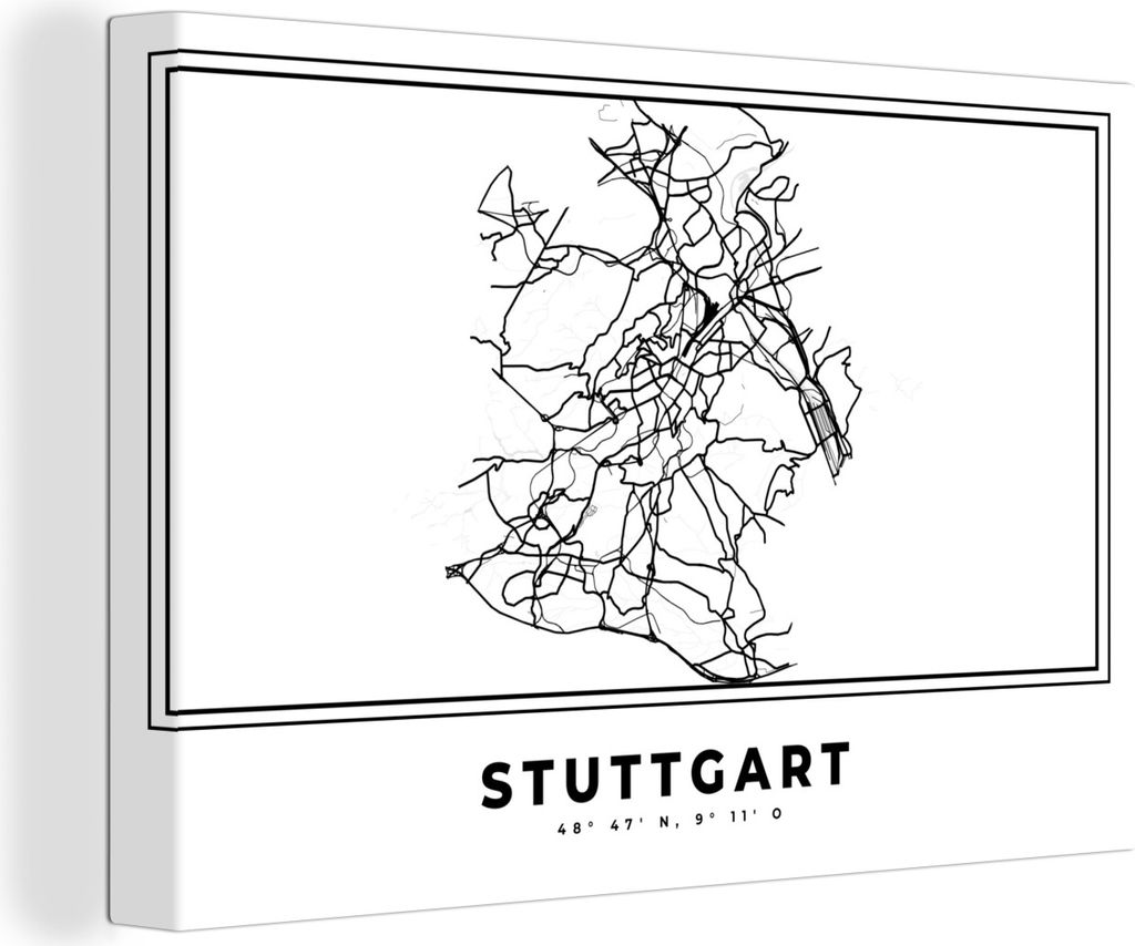 OneMillionCanvasses - Leinwandbilder - 150x100 cm, Stadtplan - Deutschland - Schwarz und weiß - Stuttgart - Karte, Wandbilder Kunstdruck Wanddek...