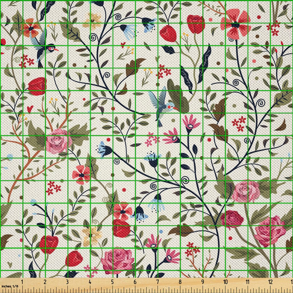 ABAKUHAUS Blumen Satin Stoff als Meterware, Blumen Collage aus Ritterstern Tulpen Rosen Veilchen Lebhafter Fröhliche Natur Muster, 10 M (148 x 100...