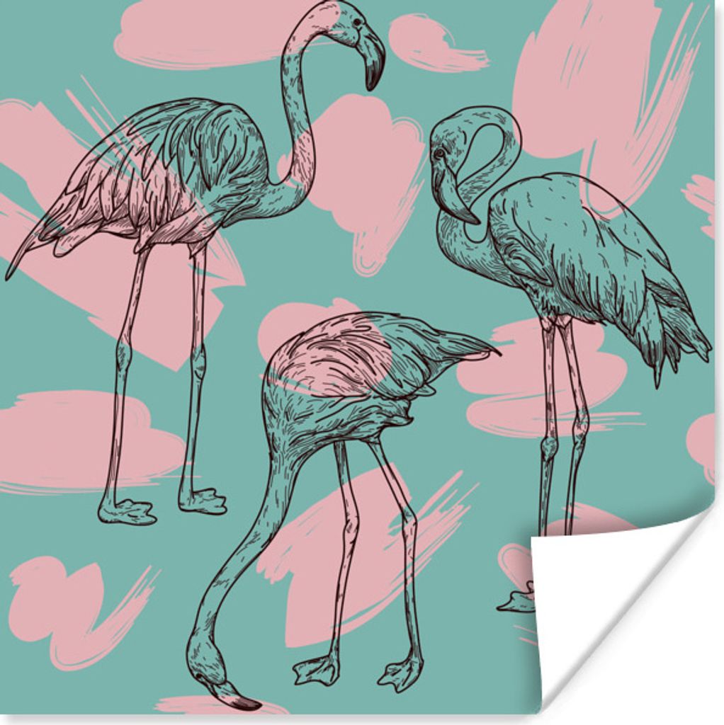 MuchoWow Poster Eine Illustration von Flamingos vor einem blauen Hintergrund, die in Pop-Art gehalten ist 30x30 cm - Wandposter - Printing