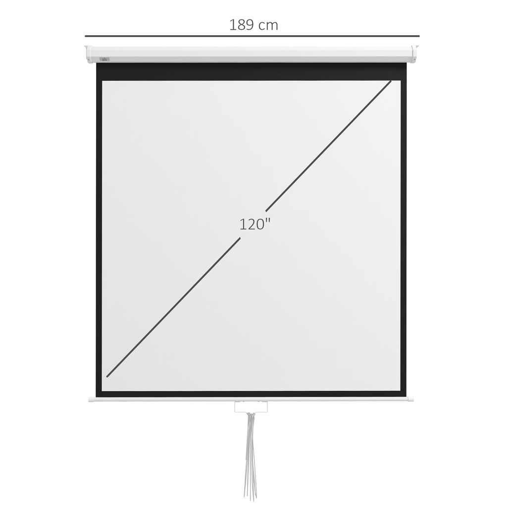 A white projection screen with a black border and a diagonal line indicating the screen size.