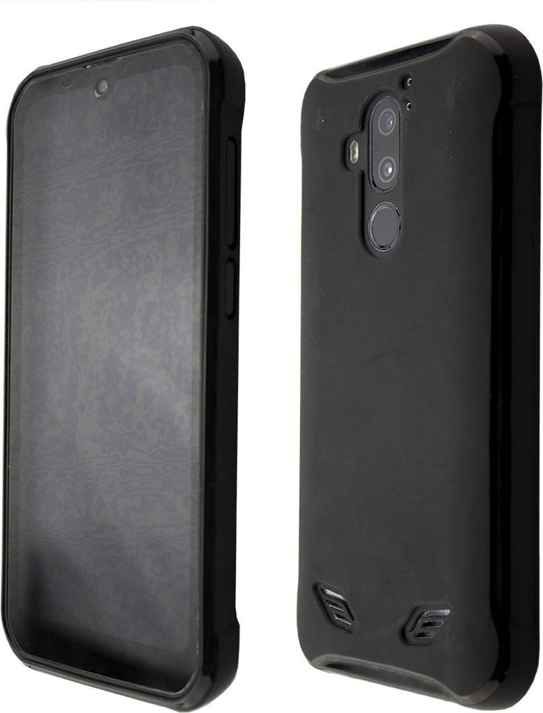 Two views of a black phone case, one showing the front and the other showing the back.