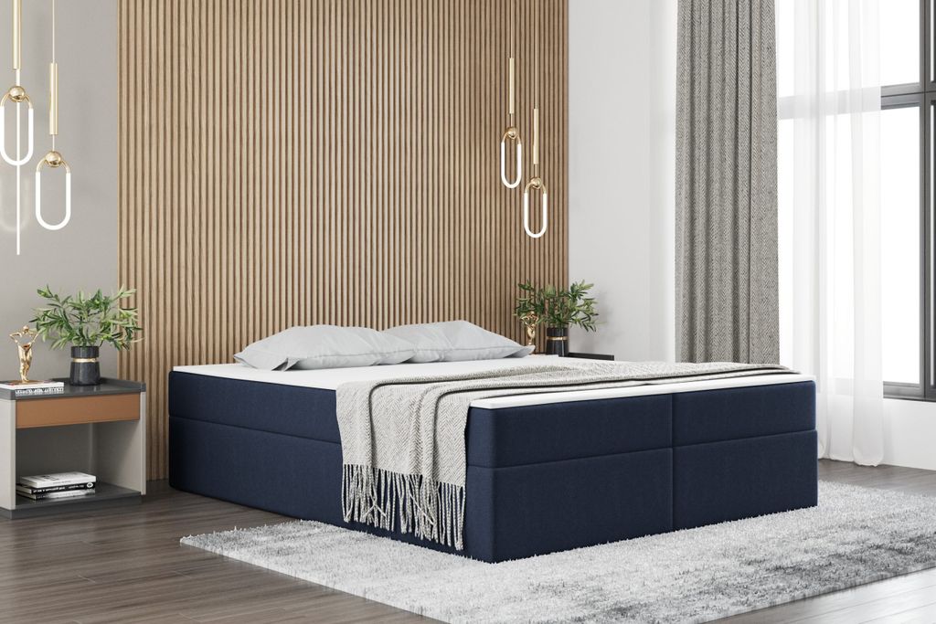 Kaiser Möbel Boxspringbett mit bettkasten matratze topper Ruben, viele Farben viele Größen Marineblau 200x200 cm H2-Pocket