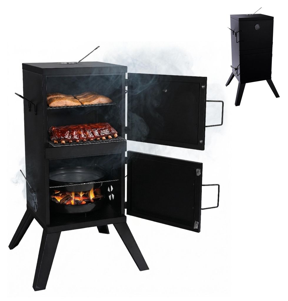 Relaxdays Räucherofen, Fleisch & Fisch, 2 Ebenen, Thermometer, Holzkohle, HxBxT: 108,5x57x56 cm, Stahl, Smoker, schwarz