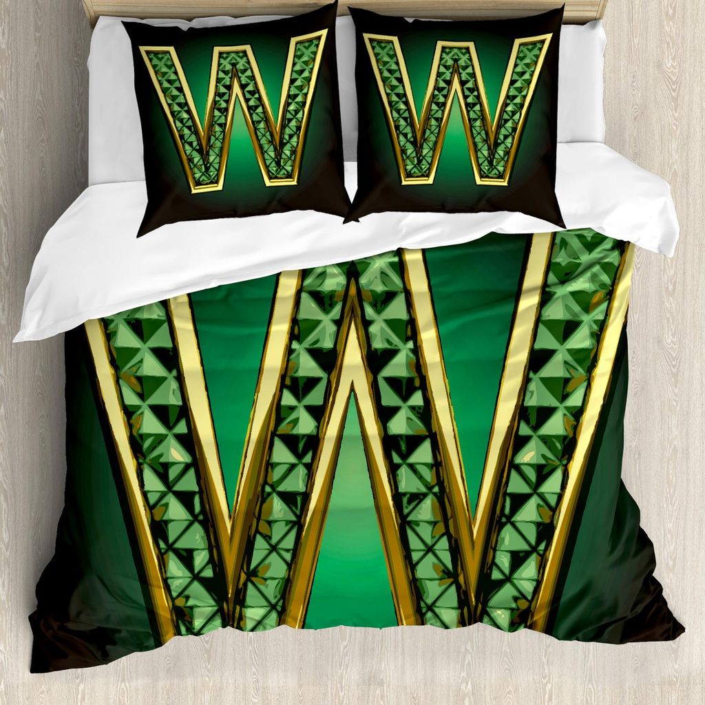 ABAKUHAUS Modern Bettbezug Set, Goldene gelbe Figur mit Smaragd Farbe Brief Super Hero Icon Artsy Grafik Design, 155 x 220 cm + 80 x 80 cm, Jadegrün