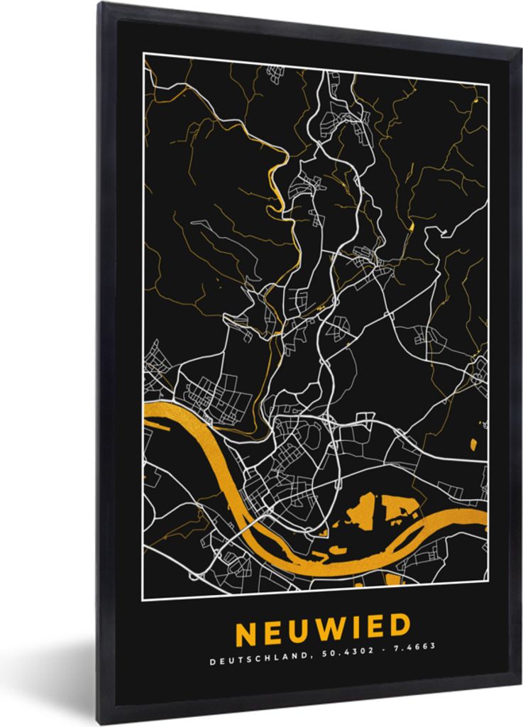 MuchoWow Gerahmtes Poster Neuwied - Gold - Stadtplan - Deutschland - Karte 60x90 cm - Poster mit Schwarzem Bilderrahmen Wandposter Rahmen Foto Bi...