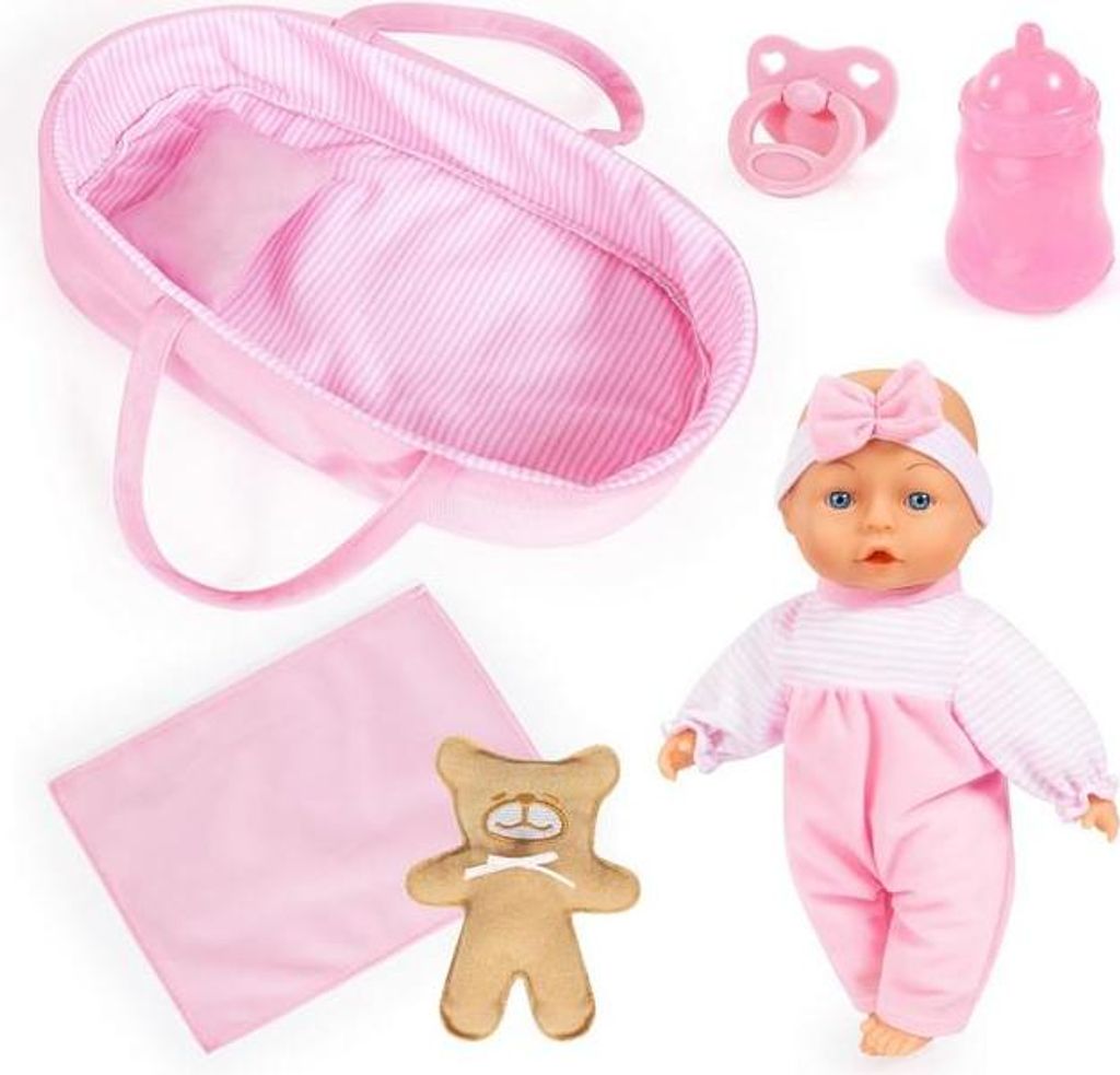 Bayer Design 92866AR Babypuppe, weicher Körper, 28 cm, Puppentragetasche, Decke, Kissen, Schnuller, Flasche, Teddy