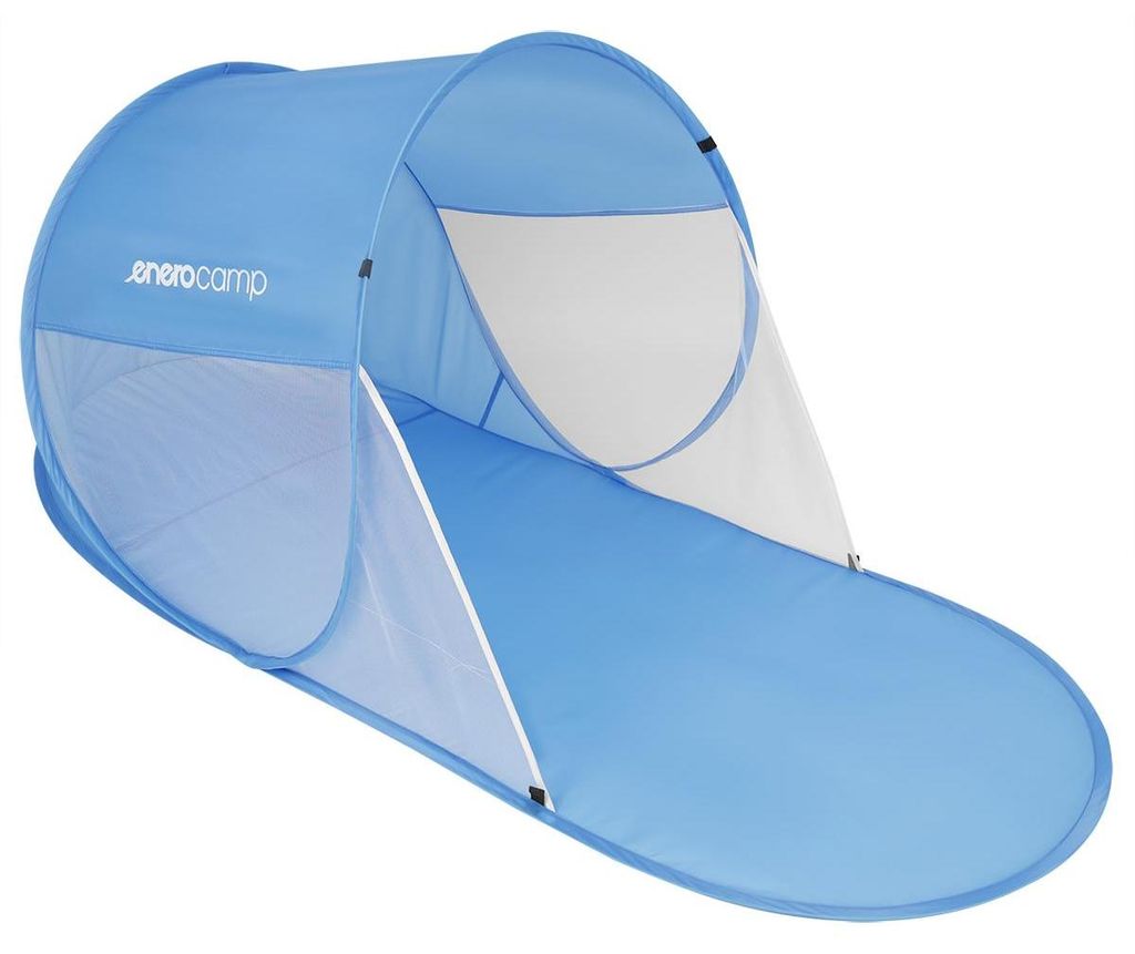 Pop-up Strandmuschel ENERO CAMP 190x80x90/70 cm – Blau – Selbstaufbauender Sonnen- & Windschutz für Strand & Camping