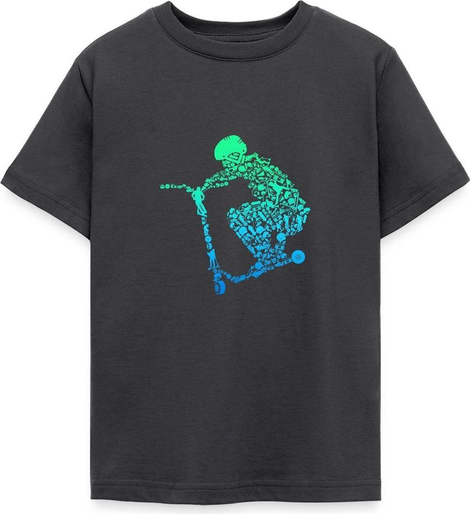 Spreadshirt Scooter Roller Stunt Freestyle Mit Helm Sprung Teenager T-Shirt, 134/146 (9-11 Jahre), Dunkelgrau
