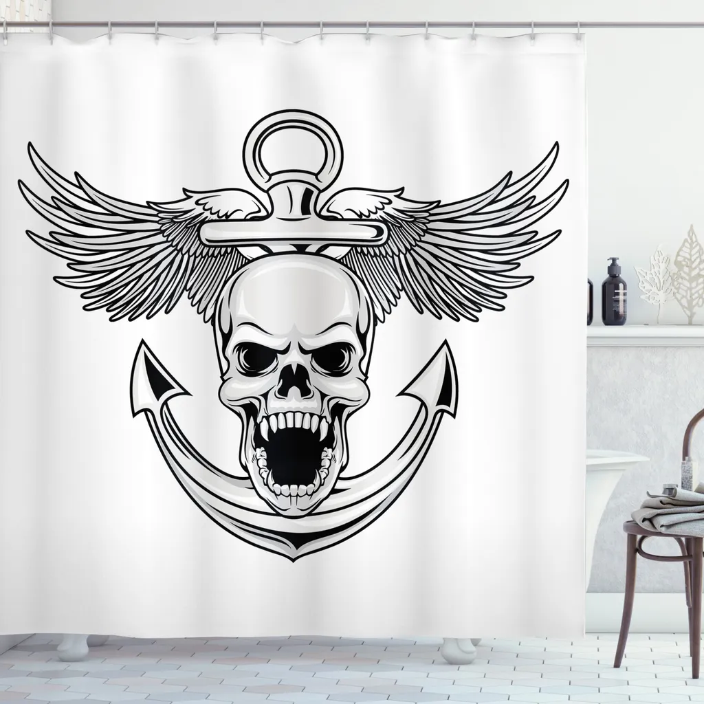 Tenda da Doccia Rock 'n' Roll ABAKUHAUS 175x200 Teschi Grigio Bianco
