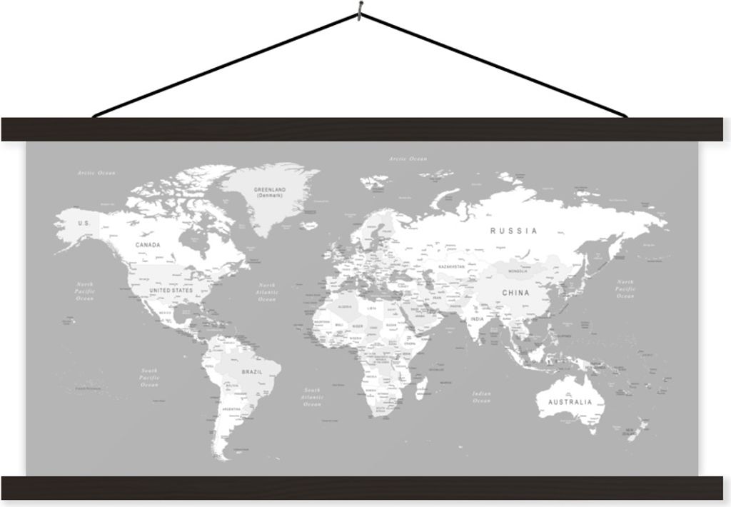 MuchoWow Textilposter Weltkarte - geografisch - schwarz-weiß 90x45 cm mit schwarzem Rahmen - Klemmleisten
