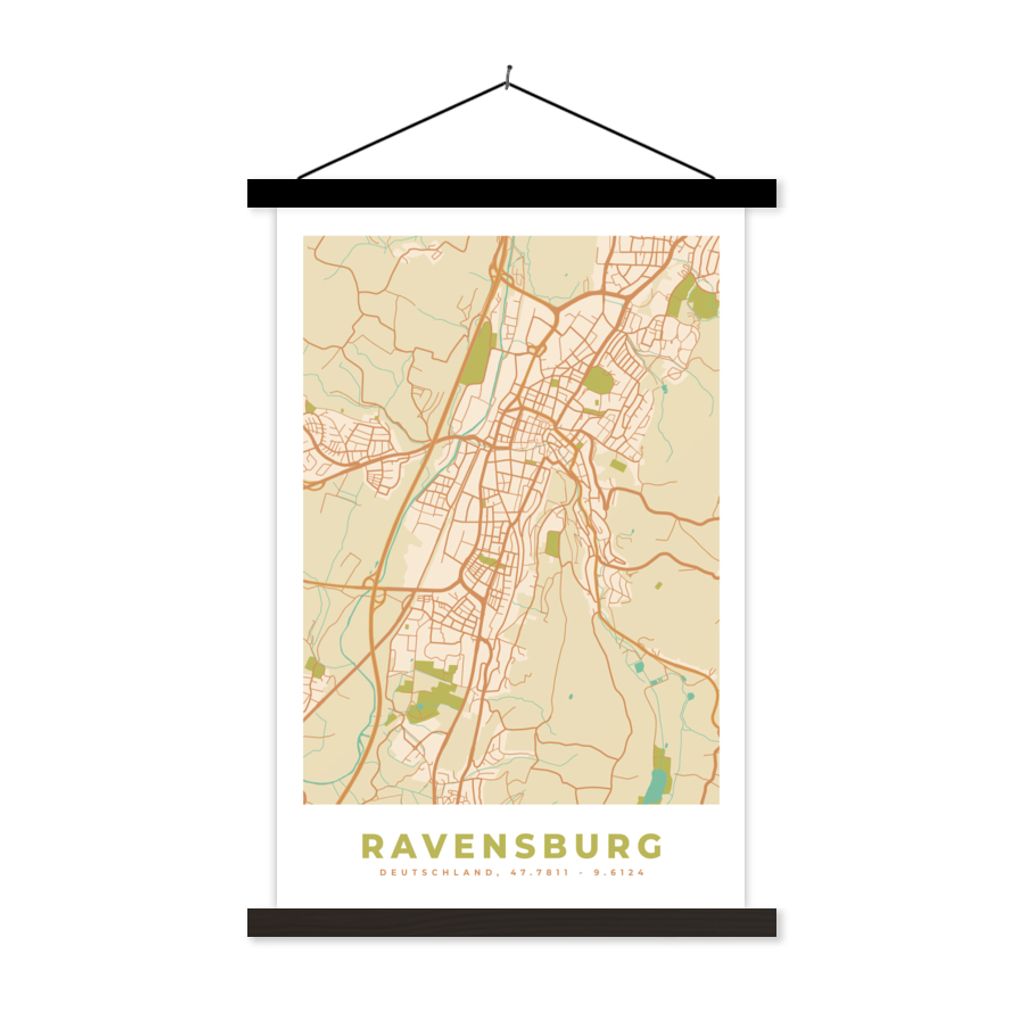 MuchoWow Textilposter Ravensburg - Stadtplan - Vintage - Karte 120x180 cm mit schwarzem Rahmen - Fotos