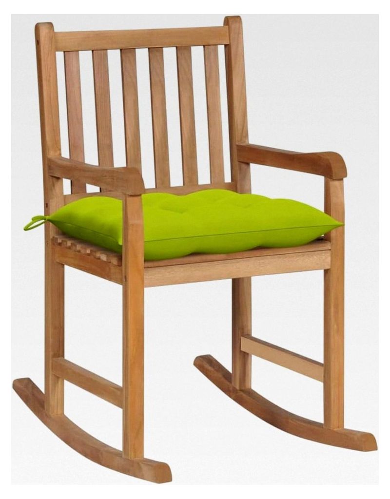 Schaukelstuhl mit hellgrünem Kissen aus massivem Teakholz