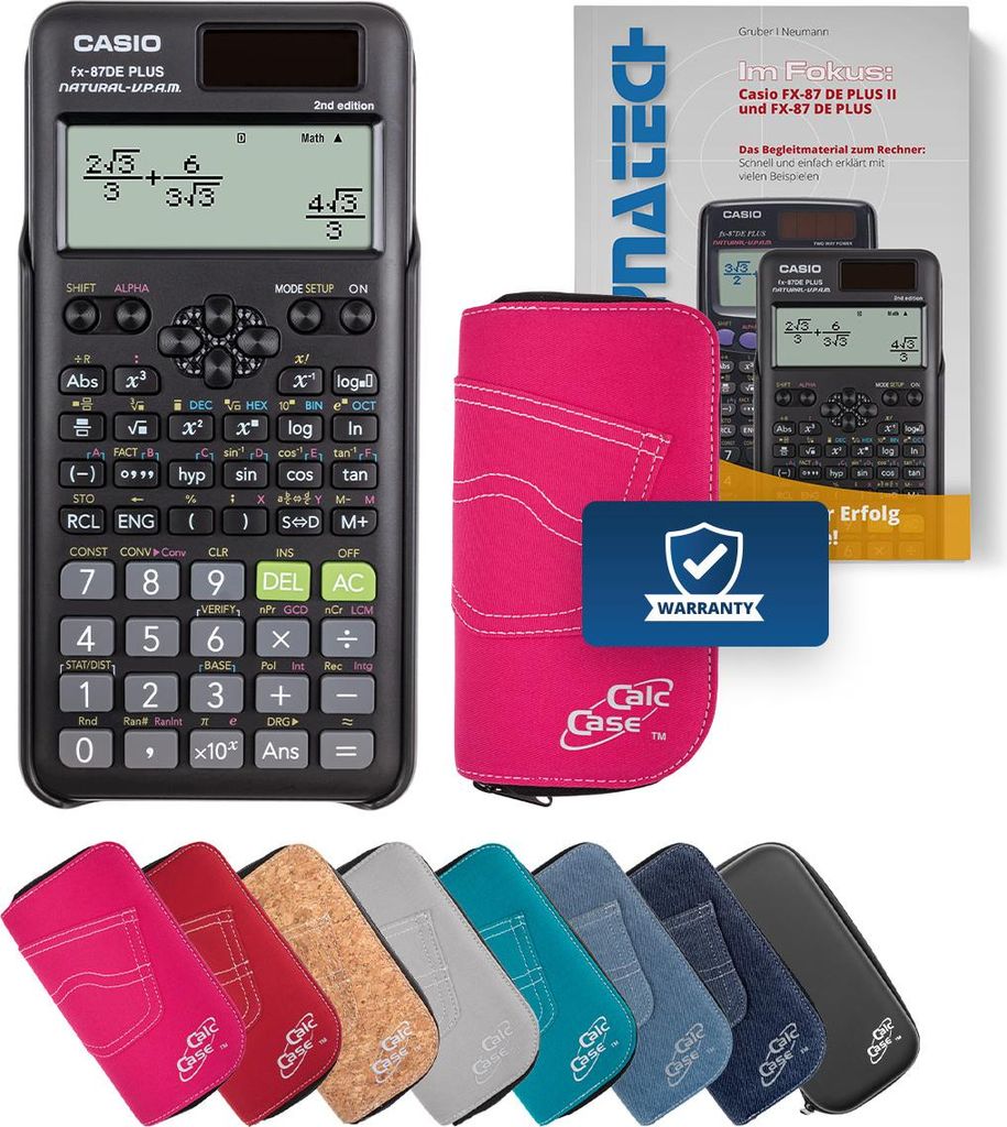 Casio FX-87 DE Plus II Taschenrechner mit Schutztasche pink und Fachbuch