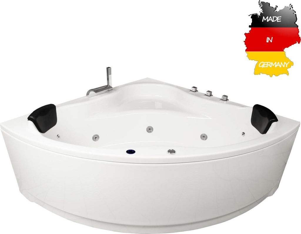 Basera BASIC Indoor Eck-Whirlpool Badewanne Malai 150 x 150 cm mit 13 Massagedüsen, Wasserfall, LED-Ambiente
