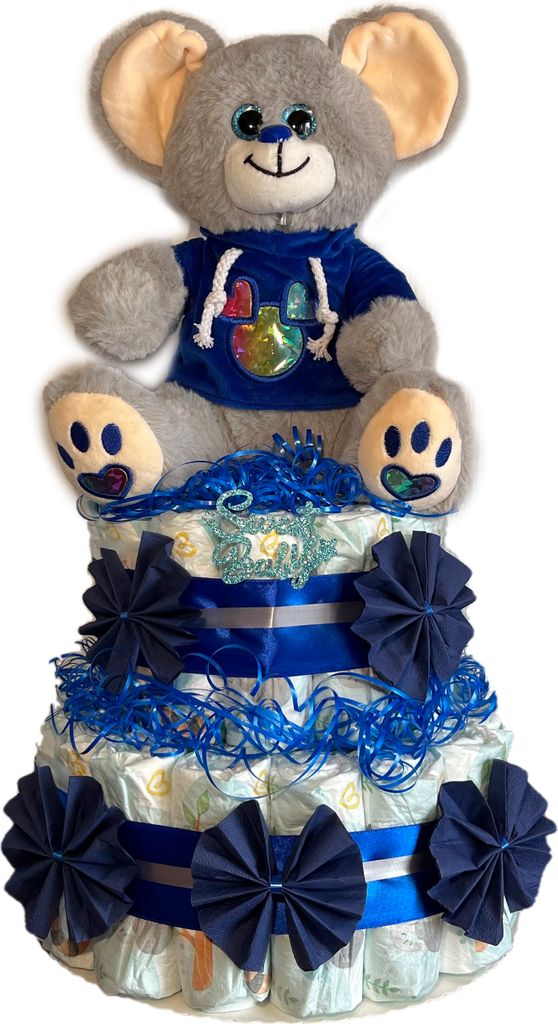 Windeltorte Mäuschen mit Hoddie blau | Babygeschenk zur Geburt