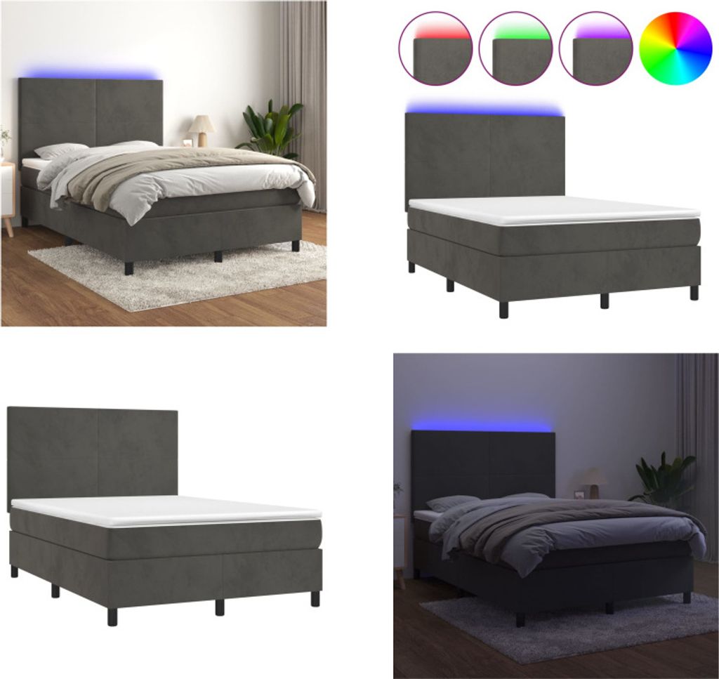 vidaXL Boxspringbett mit Matratze & LED Dunkelgrau 140x200 cm Samt - Boxspringbett - Boxspringbetten - Bett - Betten