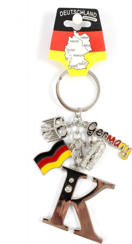 Schlüsselanhänger "K" H.: 11cm Buchstaben/Letter/Initalien/Alphabet/ABC mit Glitzersteinen & Charms Bierkrug/Adler/Deutschland-Fahne/Germany