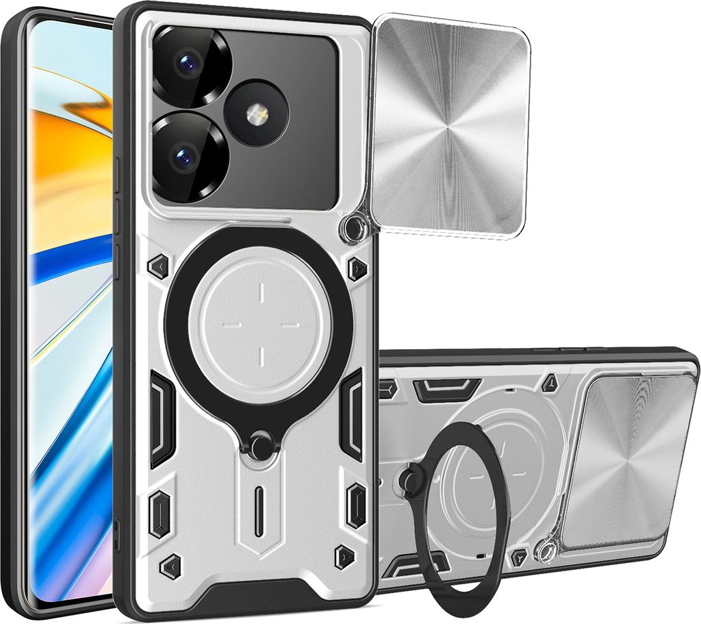Handyhülle für Xiaomi Redmi Turbo 3 /Poco F6 5G Dual-Layer Stoßfest Rüstung Hülle mit Dia Kameraschutz und Kreisförmig Ring Ständer Silber