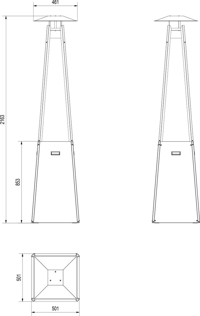 Technical drawing of two gas patio heaters with dimensions indicated.