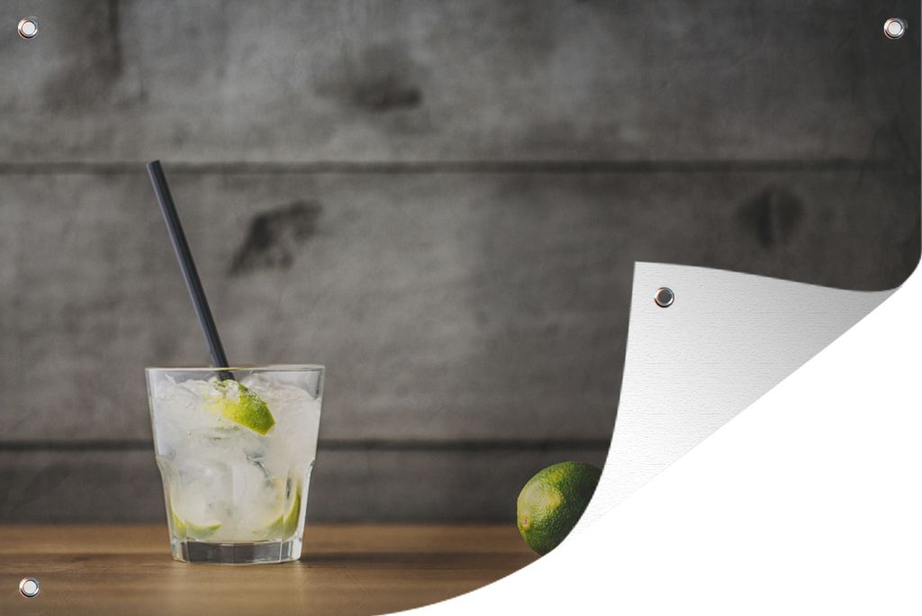 MuchoWow 60x40 cm Outdoor-Poster Gartendeko Sichtschutz Garten Poster für den Garten Mojito-Cocktail mit Limette und Minze auf einem hölzernen ...