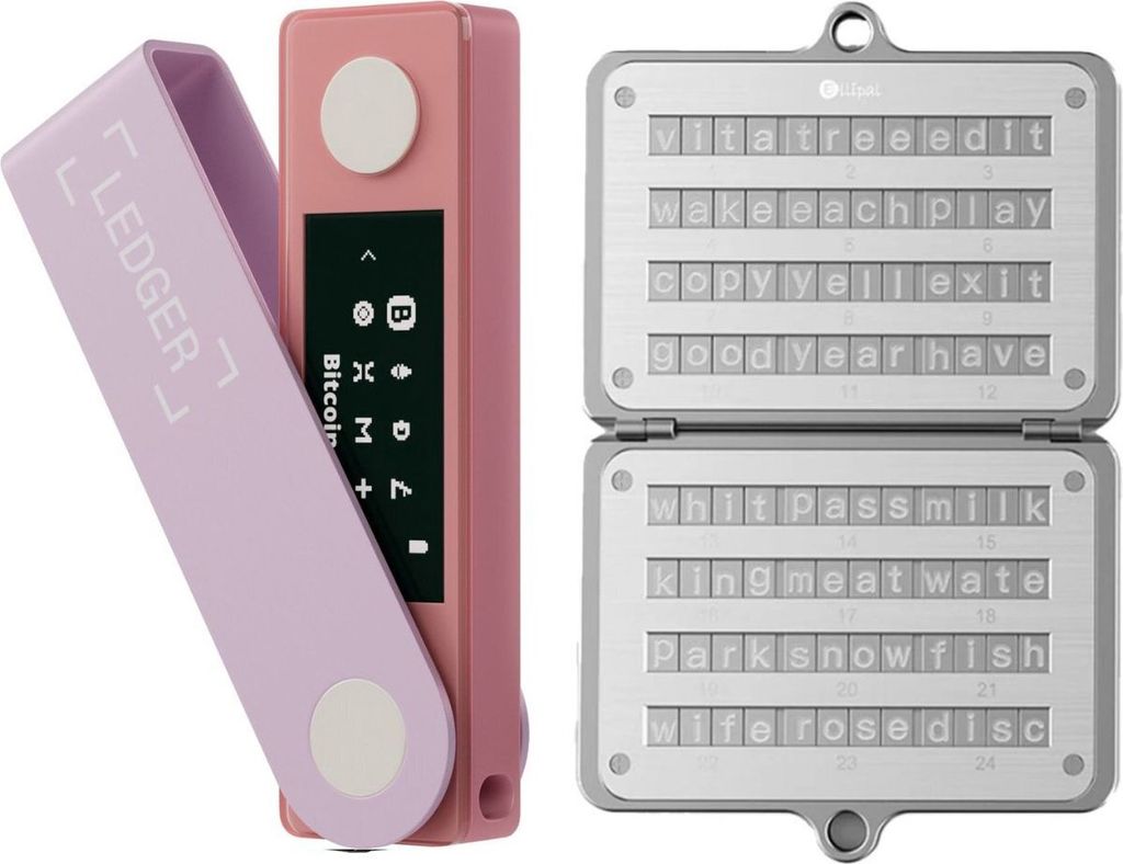 Ledger Nano X Pastellrosa + Ellipal Seed Phrase Steel - Hardware Wallet Bundle - Bluetooth - Seed Phrase Speicher - Offline Schutz für Krypto