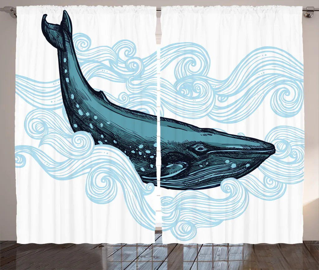ABAKUHAUS Tenda rustica con animali, balena con onde a strisce, tenda con passanti e ganci per camera da letto, 280 x 175 cm, bianco, blu scuro e blu