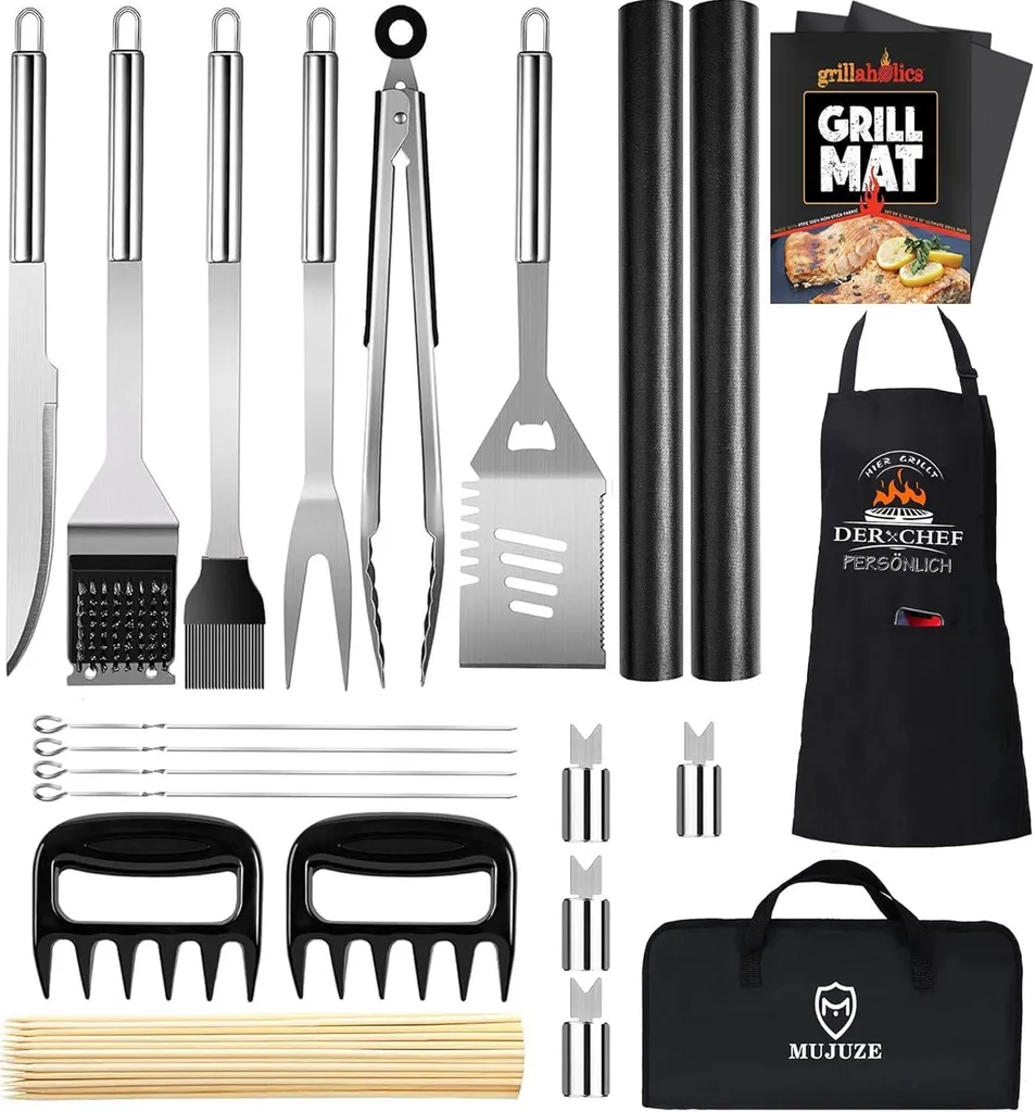 Kit barbecue anti-brûlure en inox - Ustensiles longs pour grillades sûres