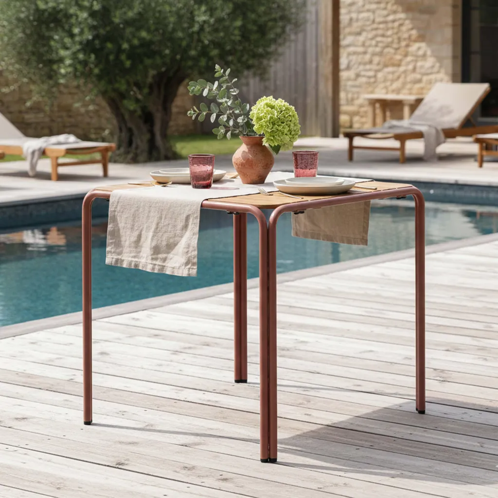Table de jardin bistrot pour balcon 2 personnes métal et bois argile