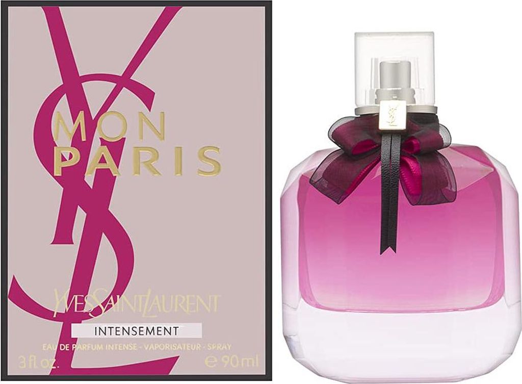 A product shot of Yves Saint Laurent Mon Paris Intensément Eau De Parfum Intense for women, shown next to its packaging.