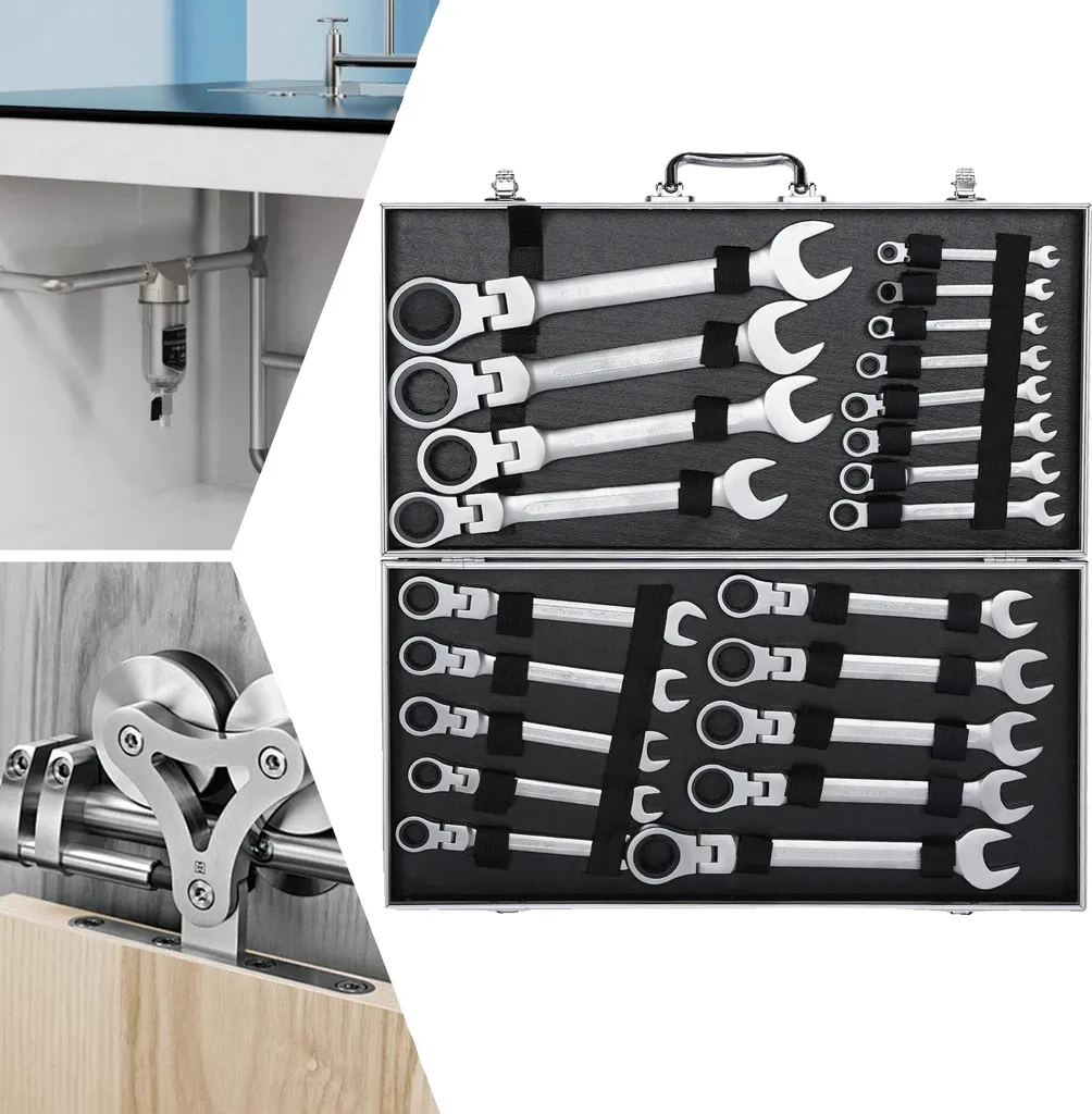 Clés à cliquet 22 pièces avec tête pivotante 180° en chrome-vanadium CrV