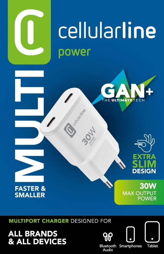 Cellularline Chargeur Secteur USB-C Duo GaN 35W avec Double Port Rapide