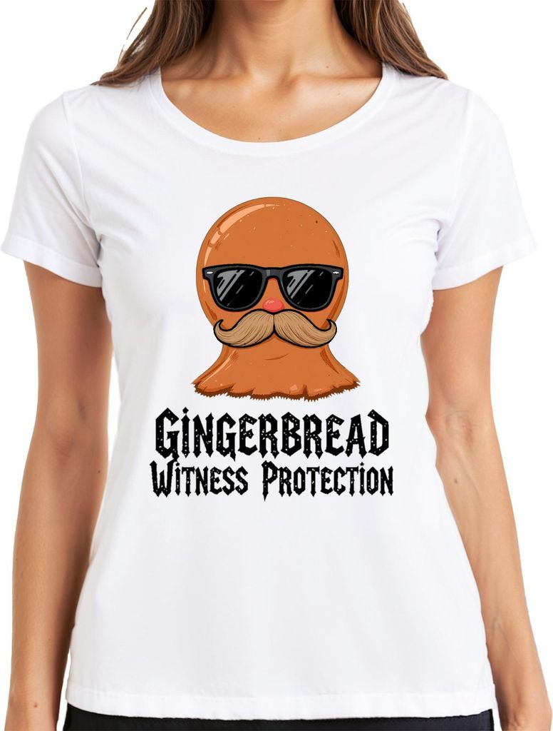 Gingerbread Witness Protection lustig Schnurrbart Sonnenbrille Damen T-Shirt, Weiß, S