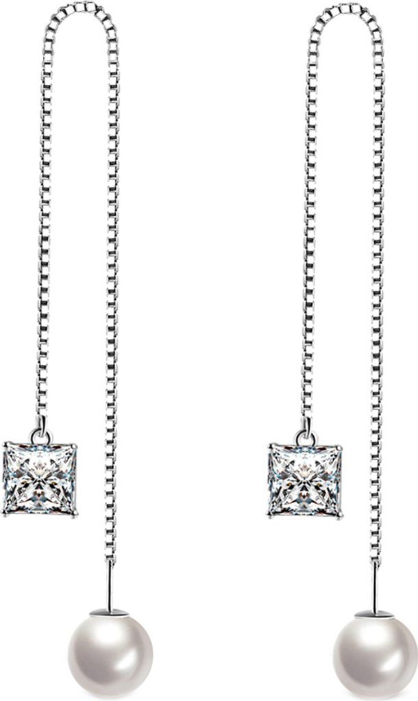Damen-Ohrringe mit versilberter dünner Kette, baumelnd, lange Linie, Einfädler-Weiß