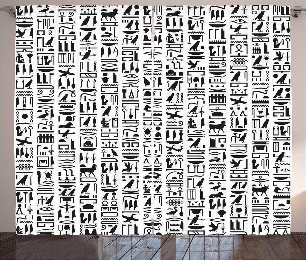 ABAKUHAUS ägyptisch Rustikaler Gardine, monochrome Hieroglyphs, Schlafzimmer Kräuselband Vorhang mit Schlaufen und Haken, 280 x 175 cm, Weiß Sch...