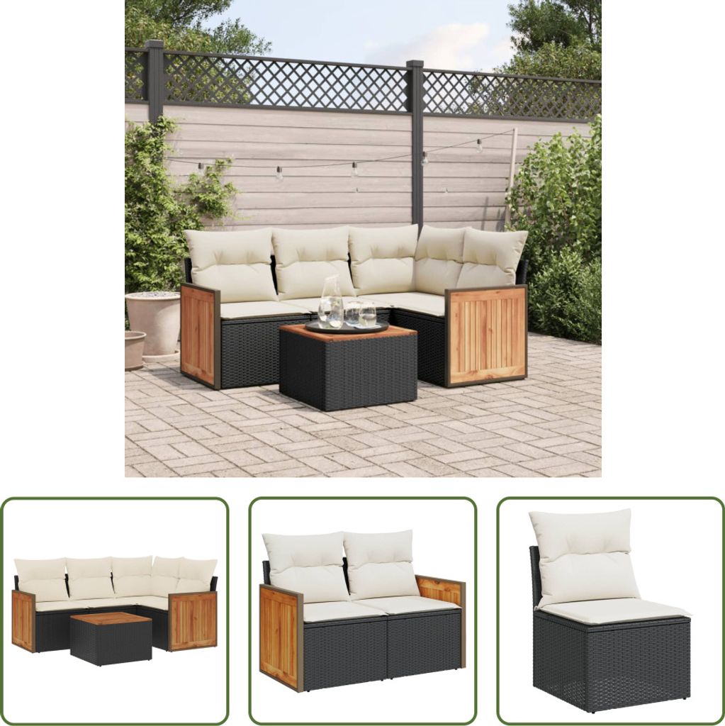 The Living Store 5-tlg. Garten-Sofagarnitur mit Kissen Schwarz Poly Rattan