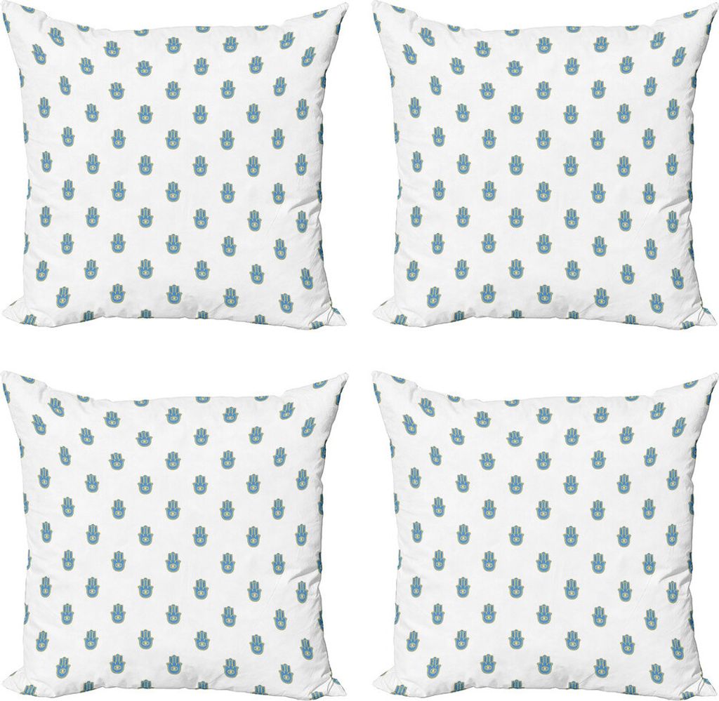 ABAKUHAUS Hamsa Kissenbezug Set (4 Stück), Bicolor Oriental Hand, Moderner Doppelseitiger Digitaldruck, 60 cm x 60 cm, Mustard Weiß und Blau